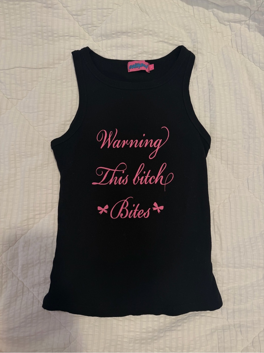 Edikted Black Ribbed Tank Top with Pink Script - Picture 2 of 5